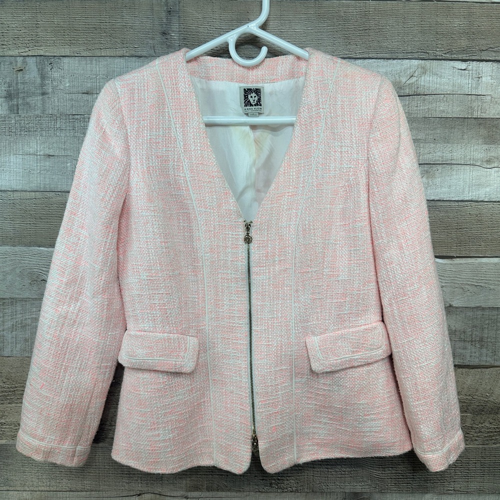 Anne Klein Womens Pink White Metallic Tweed Zip Front Blazer Jacket Size 2